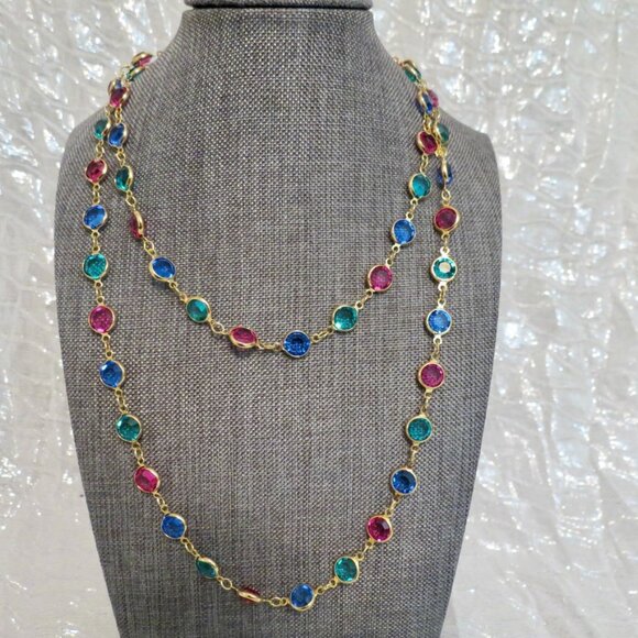 SWAROVSKI 36" Gold Tone Bezel Set Multicolor Crystal Long Necklace - Picture 2 of 7